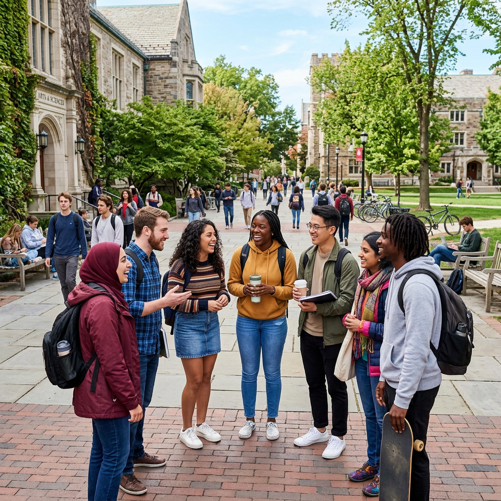Current image: Seven diverse college students standing and talking on a university campus pathway
